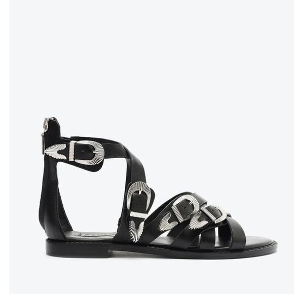 NEW Schutz Harper Black Leather Boho Western Sandals Silver Buckle Straps Sz 5B - Picture 1 of 13